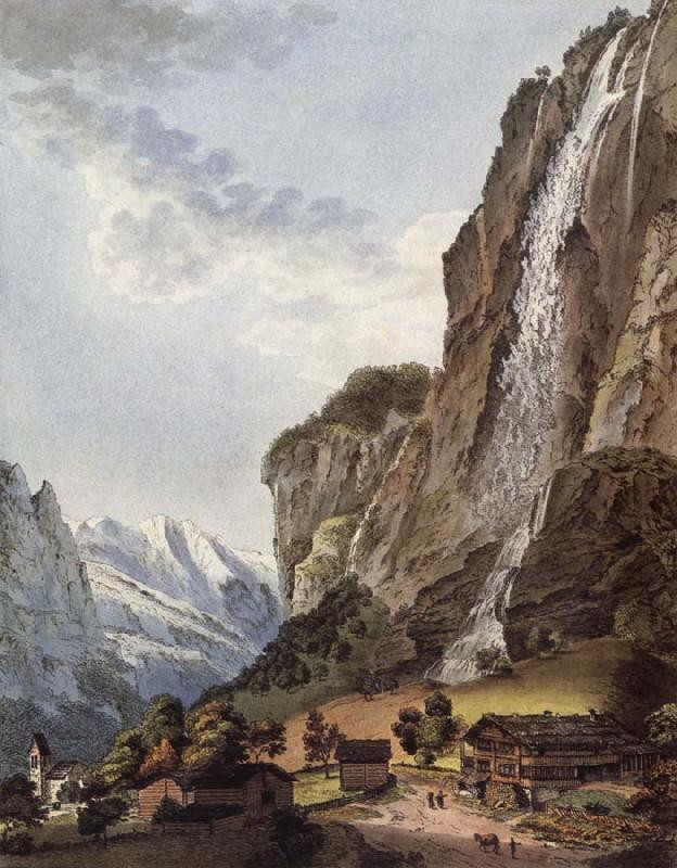 Johann Ludwig Aberli Fall d-eau apellee Staubbach in the Vallee Louterbrunnen